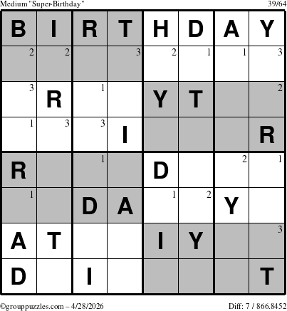 The grouppuzzles.com Medium Super-Birthday puzzle for Tuesday April 28, 2026 with the first 3 steps marked