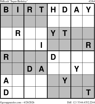 The grouppuzzles.com Difficult Super-Birthday puzzle for Tuesday April 28, 2026