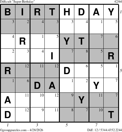 The grouppuzzles.com Difficult Super-Birthday puzzle for Tuesday April 28, 2026, suitable for printing, with all 12 steps marked