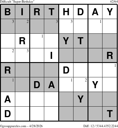 The grouppuzzles.com Difficult Super-Birthday puzzle for Tuesday April 28, 2026 with the first 3 steps marked