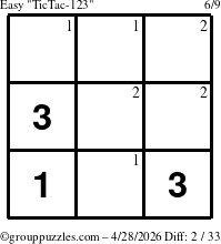 The grouppuzzles.com Easy TicTac-123 puzzle for Tuesday April 28, 2026 with the first 2 steps marked