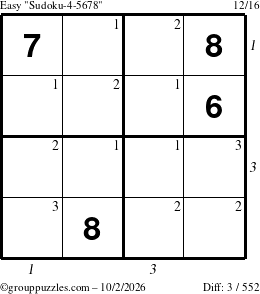 The grouppuzzles.com Easy Sudoku-4-5678 puzzle for Friday October 2, 2026, suitable for printing, with all 3 steps marked