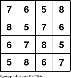 The grouppuzzles.com Answer grid for the Sudoku-4-5678 puzzle for Friday October 2, 2026