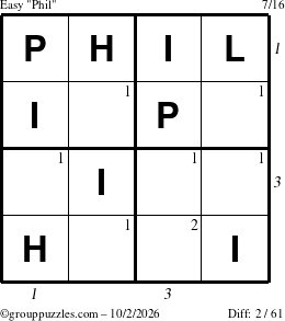 The grouppuzzles.com Easy Phil puzzle for Friday October 2, 2026, suitable for printing, with all 2 steps marked