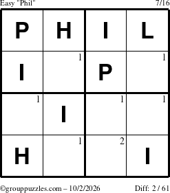 The grouppuzzles.com Easy Phil puzzle for Friday October 2, 2026 with the first 2 steps marked