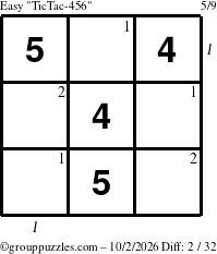 The grouppuzzles.com Easy TicTac-456 puzzle for Friday October 2, 2026, suitable for printing, with all 2 steps marked
