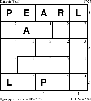 The grouppuzzles.com Difficult Pearl puzzle for Friday October 2, 2026, suitable for printing, with all 5 steps marked