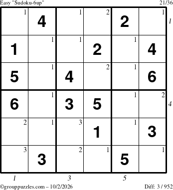 The grouppuzzles.com Easy Sudoku-6up puzzle for Friday October 2, 2026, suitable for printing, with all 3 steps marked