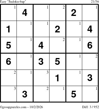 The grouppuzzles.com Easy Sudoku-6up puzzle for Friday October 2, 2026 with the first 3 steps marked