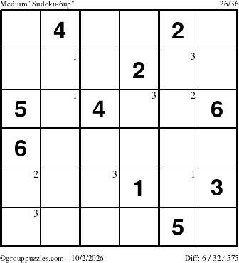 The grouppuzzles.com Medium Sudoku-6up puzzle for Friday October 2, 2026 with the first 3 steps marked