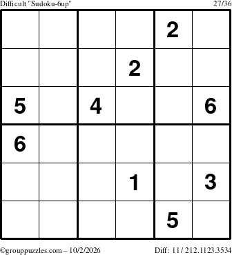 The grouppuzzles.com Difficult Sudoku-6up puzzle for Friday October 2, 2026