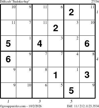 The grouppuzzles.com Difficult Sudoku-6up puzzle for Friday October 2, 2026 with all 11 steps marked