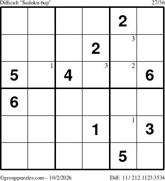 The grouppuzzles.com Difficult Sudoku-6up puzzle for Friday October 2, 2026 with the first 3 steps marked