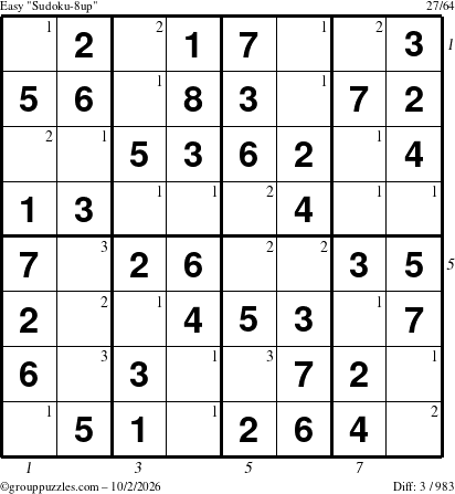 The grouppuzzles.com Easy Sudoku-8up puzzle for Friday October 2, 2026, suitable for printing, with all 3 steps marked