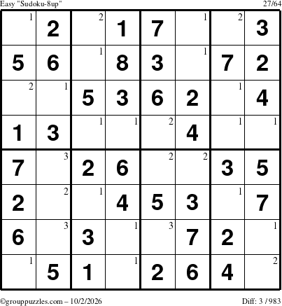 The grouppuzzles.com Easy Sudoku-8up puzzle for Friday October 2, 2026 with the first 3 steps marked