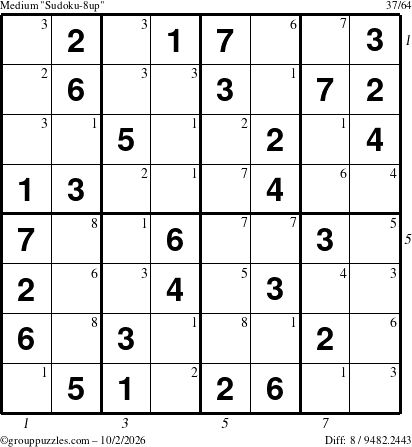 The grouppuzzles.com Medium Sudoku-8up puzzle for Friday October 2, 2026 with all 8 steps marked