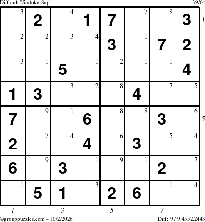 The grouppuzzles.com Difficult Sudoku-8up puzzle for Friday October 2, 2026 with all 9 steps marked