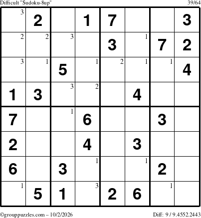 The grouppuzzles.com Difficult Sudoku-8up puzzle for Friday October 2, 2026 with the first 3 steps marked
