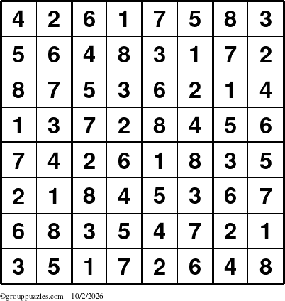 The grouppuzzles.com Answer grid for the Sudoku-8up puzzle for Friday October 2, 2026