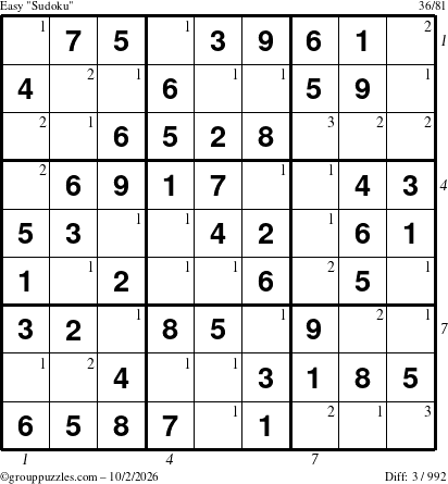 The grouppuzzles.com Easy Sudoku puzzle for Friday October 2, 2026, suitable for printing, with all 3 steps marked