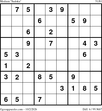 The grouppuzzles.com Medium Sudoku puzzle for Friday October 2, 2026