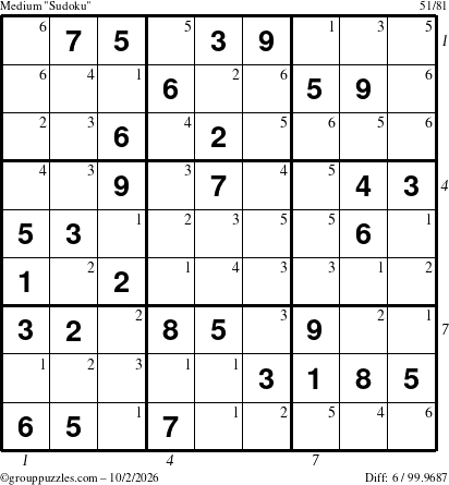 The grouppuzzles.com Medium Sudoku puzzle for Friday October 2, 2026, suitable for printing, with all 6 steps marked