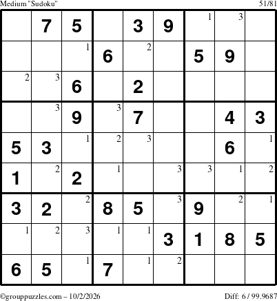 The grouppuzzles.com Medium Sudoku puzzle for Friday October 2, 2026 with the first 3 steps marked