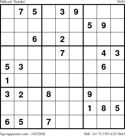 The grouppuzzles.com Difficult Sudoku puzzle for Friday October 2, 2026