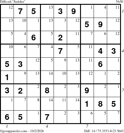 The grouppuzzles.com Difficult Sudoku puzzle for Friday October 2, 2026 with all 14 steps marked