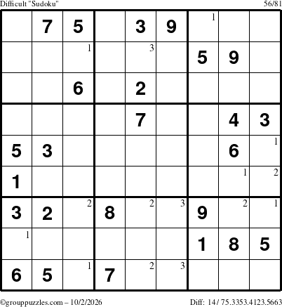 The grouppuzzles.com Difficult Sudoku puzzle for Friday October 2, 2026 with the first 3 steps marked