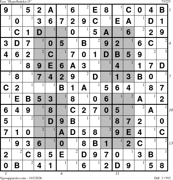 The grouppuzzles.com Easy HyperSudoku-15 puzzle for Friday October 2, 2026, suitable for printing, with all 3 steps marked