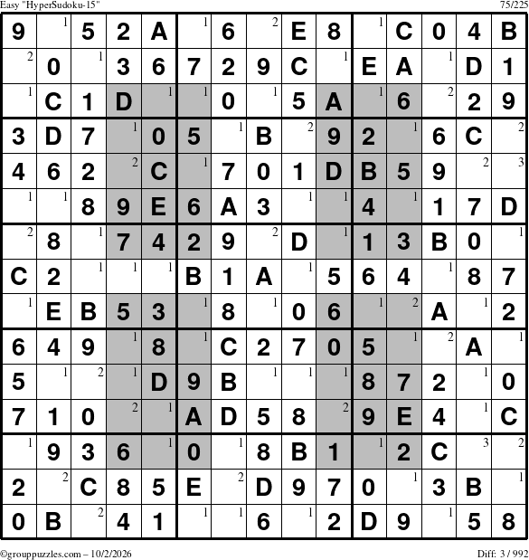 The grouppuzzles.com Easy HyperSudoku-15 puzzle for Friday October 2, 2026 with the first 3 steps marked