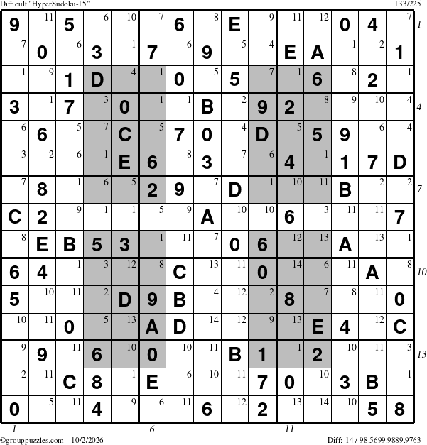 The grouppuzzles.com Difficult HyperSudoku-15 puzzle for Friday October 2, 2026, suitable for printing, with all 14 steps marked