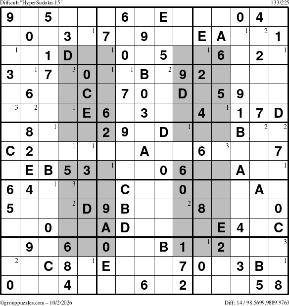 The grouppuzzles.com Difficult HyperSudoku-15 puzzle for Friday October 2, 2026 with the first 3 steps marked