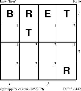 The grouppuzzles.com Easy Bret puzzle for Sunday April 5, 2026, suitable for printing, with all 3 steps marked