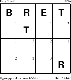 The grouppuzzles.com Easy Bret puzzle for Sunday April 5, 2026 with the first 3 steps marked