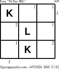 The grouppuzzles.com Easy TicTac-JKL puzzle for Sunday April 5, 2026 with all 2 steps marked