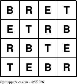 The grouppuzzles.com Answer grid for the Bret puzzle for Sunday April 5, 2026
