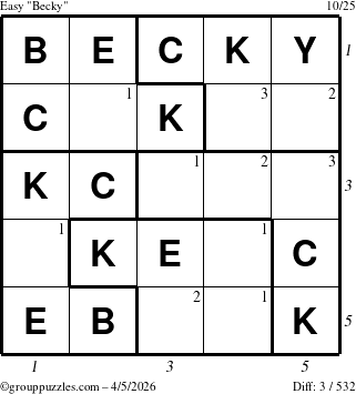 The grouppuzzles.com Easy Becky puzzle for Sunday April 5, 2026 with all 3 steps marked