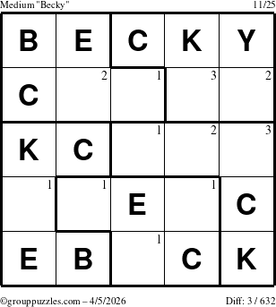The grouppuzzles.com Medium Becky puzzle for Sunday April 5, 2026 with the first 3 steps marked