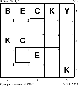 The grouppuzzles.com Difficult Becky puzzle for Sunday April 5, 2026 with all 4 steps marked