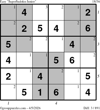 The grouppuzzles.com Easy SuperSudoku-Junior puzzle for Sunday April 5, 2026, suitable for printing, with all 3 steps marked