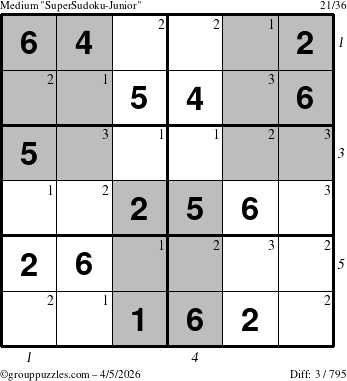 The grouppuzzles.com Medium SuperSudoku-Junior puzzle for Sunday April 5, 2026, suitable for printing, with all 3 steps marked