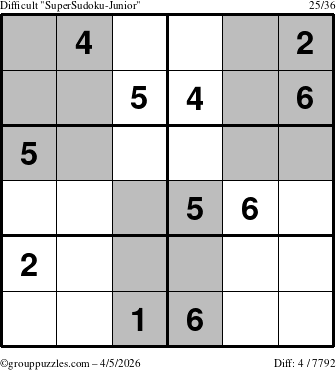 The grouppuzzles.com Difficult SuperSudoku-Junior puzzle for Sunday April 5, 2026