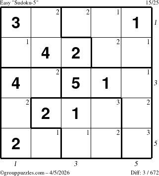 The grouppuzzles.com Easy Sudoku-5 puzzle for Sunday April 5, 2026 with all 3 steps marked
