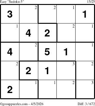 The grouppuzzles.com Easy Sudoku-5 puzzle for Sunday April 5, 2026 with the first 3 steps marked