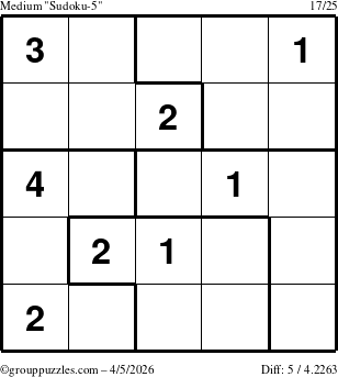 The grouppuzzles.com Medium Sudoku-5 puzzle for Sunday April 5, 2026