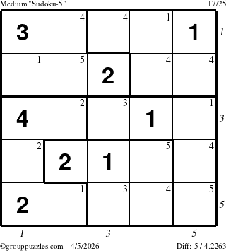 The grouppuzzles.com Medium Sudoku-5 puzzle for Sunday April 5, 2026, suitable for printing, with all 5 steps marked