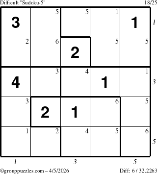 The grouppuzzles.com Difficult Sudoku-5 puzzle for Sunday April 5, 2026, suitable for printing, with all 6 steps marked