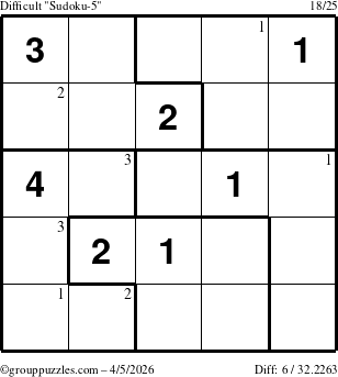 The grouppuzzles.com Difficult Sudoku-5 puzzle for Sunday April 5, 2026 with the first 3 steps marked
